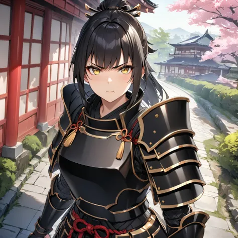 A woman wearing black heavy samurai armor with gold details, black hair, ponytail hair, yellow eyes, serious face, on an ancient Japanese road, Japanese palace in the background with sakura trees around, HDR, ultra resolution, very detailed, masterpiece, u...