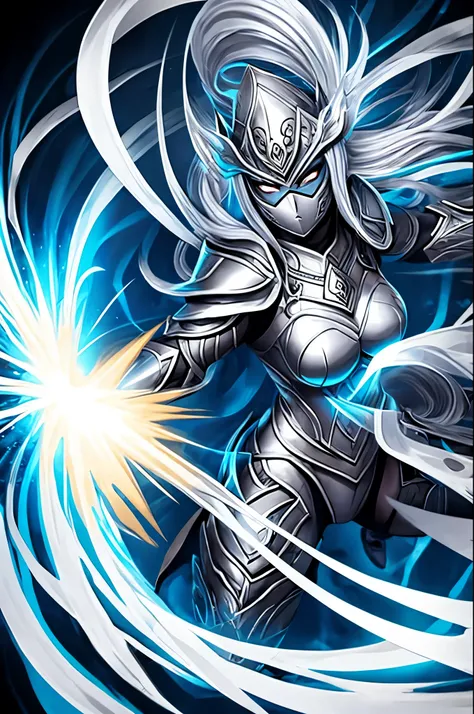 Silver female masked warrior overflowing power