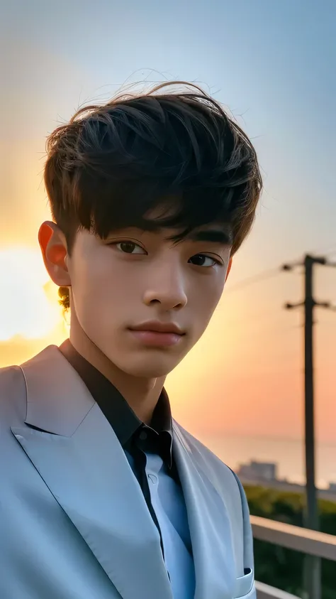 Highest quality, masterpiece, Ultra-high resolution, (Realistic: 1.4), Original photo, wallpaper, Head Photo, skin, Simple Background, Iris, detailed, Selfie, 1 boy, 18-year-old, good looking, Wind,suit、Sunset