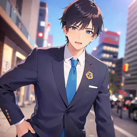 masterpiece、Highest quality、Shooting from the front、upper body,
(25-year-old male:1.5) and(Black short hair) and (blue eyes), 
(suit:1.5) and (Blue tie）(suit:1.5) and (Blue tie）、
blush、Serious,open mouth,The background is the city at night、（alone:1.5）