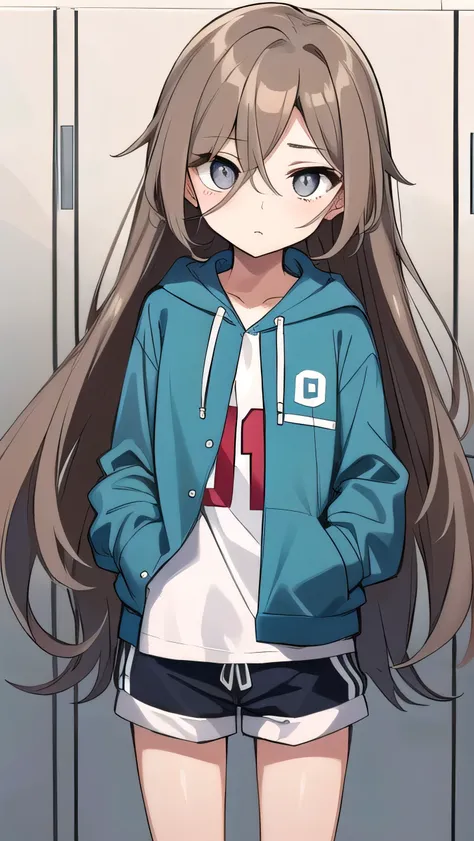 Girl, ( light brown hair :1.5), (gray eyes:1.2), (big eyes: 1.1), (sagging eyes: 1.5), (very long hair:1.1), hair between eyes, cyan long-sleeved hoodie, white T-shirt, dark blue shorts, white sneakers, (flat chest), (straight hair), very short, only , dro...