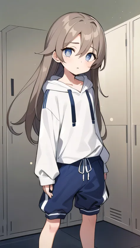 Girl, ( light brown hair :1.5), (gray eyes:1.2), (big eyes: 1.1), (sagging eyes: 1.5), (very long hair:1.1), hair between eyes, cyan long-sleeved hoodie, white T-shirt, dark blue shorts, white sneakers, (flat chest), (straight hair), very short, only , dro...