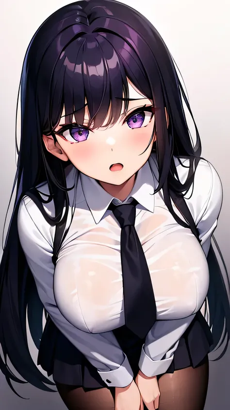 Highest quality, Soft Light, Ultra-high resolution,People Girls, alone, sexy, (Ecstatic face), (Purple eyes), Beautiful face in every detail,(High resolution detail of human skin texture), (Black long hair), break,Dress shirt,tie,Blazer uniform,Pleated ski...