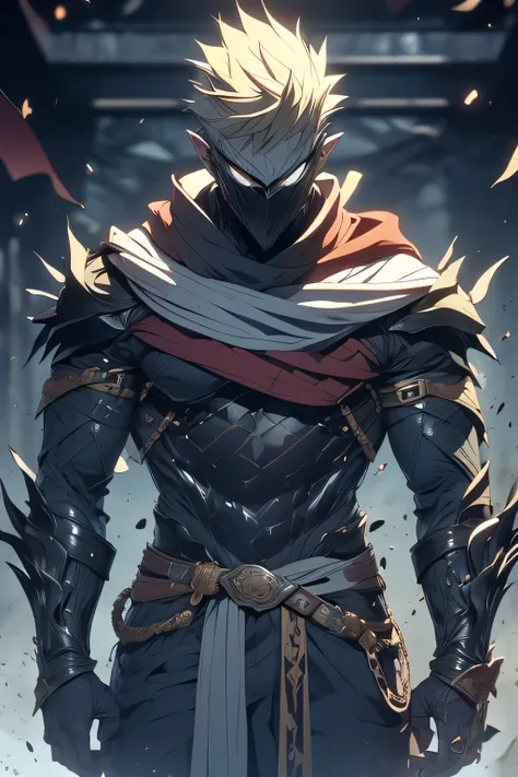 man, blond hair, short hair, green eyes, wears a mask that covers his entire face, only leaving his eyes and ears showing and his hair is also showing, pointy ears, wears a blue cloak with a contrasting black and has a symbol of a dragon with a white sword...