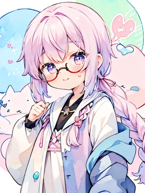 (Pastels:1.5)、(Cute illustrations:1.5)、(Watercolor:1.2)、(1 Girl:1.0)、black braid ,glasses,magician clothe,magic wand, shining heart, mist, smile