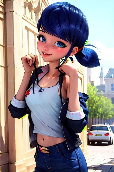 (8k, RAW photo, best quality, masterpiece:1.2), (intricate details), perfect eyes, perfect face, perfect lighting, beautiful, (masterpiece:1.2), (best quality:1.2), 1girl( marinette, blue hair, ponytails, blue  eyes), smile,  parted  lips, solo, blue jacke...