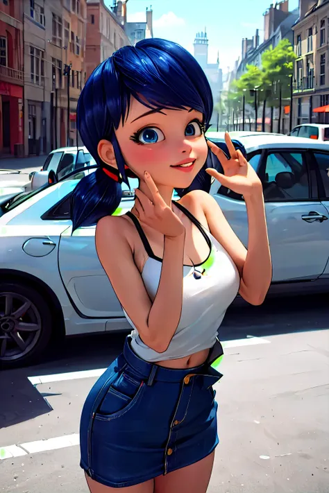 (8k, RAW photo, best quality, masterpiece:1.2), (intricate details), perfect eyes, perfect face, perfect lighting, beautiful, (masterpiece:1.2), (best quality:1.2), 1girl( marinette, blue hair, ponytails, blue  eyes), smile,  parted  lips, solo, blue jacke...