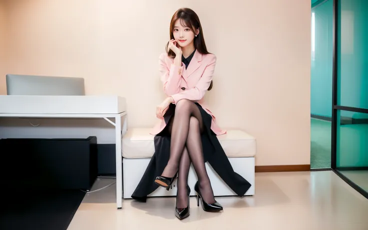 best quality, Full body portrait, Delicate face, Pretty Face, Slim body, office,Lady，黑色office服装,  Pink long hair，cute，stand up，Black high heels,Long legs