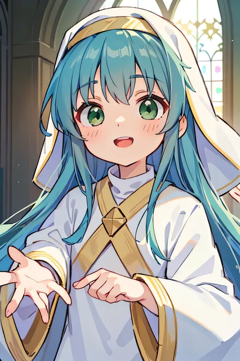 score_9, score_8_up, score_7_up, 、Source Anime, index, index, (Green Eyes:1.5), Blue Hair, Long Hair, (Flat Chest:1.2),break habit, Long sleeve, Nuns, Robe, white Robe, Wide sleeves,break looking at viewer,  whole body,break indoors, church,break (masterpi...