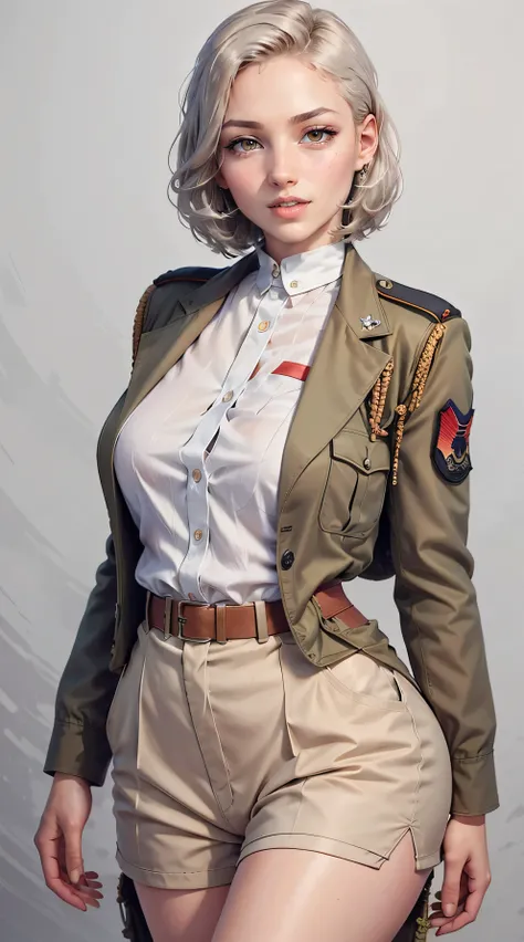 light smile, glowing skin, better quality, illustration, (realistic:1.4) 여성 soldier, female officer, soldier, military uniform, Permed hair, silver hair, Orange eyes, short hair