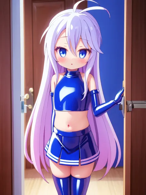 lolicon ,white long hair ,blue eyes , coquette, bedroom,door,standing,blue latex crop top,blue latex miniskirt