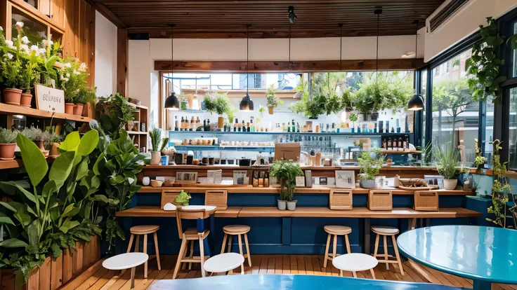 a charming café with a bright blue exterior and large glass windows, showcasing a cozy interior filled with shelves of goods. th...