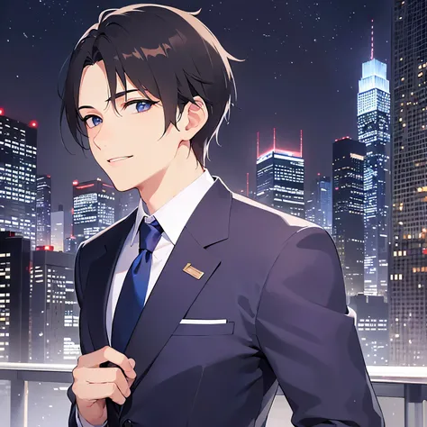 masterpiece、Highest quality、、open arms for viewer 、upper body,
(25-year-old male:1.5) and(Black short hair) and (blue eyes), 
(suit:1.5) and (Blue tie）(suit:1.5) and (Blue tie）、
smile,The background is the city at night、（Night Sky：1.5）