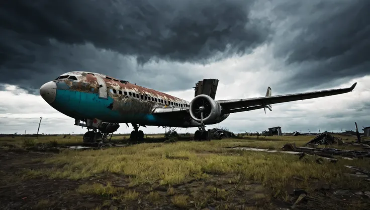 big plane on abandoned ground post apocalyptic dark cloudy sky