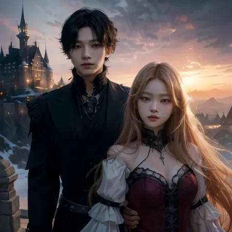 gothic couple in front of castle at sunset, artwork in the style of guweiz, dark fantasy style art, fantasy art style, wlop and sakimichan, gothic romance, dark fantasy style, neoartcore and charlie bowater, gothic fantasy art, by Yang J, anime in fantasy ...