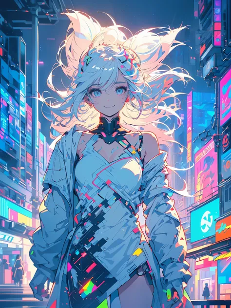 Cyberpunk city neon streets, work of art, LED paths in every corner, (((a girl in profile holding the side of her hair, white hair moving delicately with the wind, calm smile, gentle expression of peace, looking slightly upward))), the street has green neo...