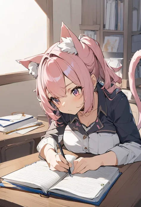 one girl, anime, Tyanka, underwear, sits on the beholder, sits on dick, in front of the table, Doing homework, cat ears, cat tail, pink hair, tender ass, stockings, looks at notebook