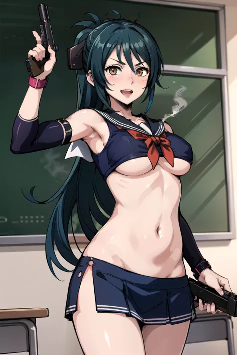 KiriaTMS, turquoise hair, brown eyes, blush, lipstick, long hair, crazy eyes ,Hot girl, baddie, bad attitude, mean girl, crazy, smoking, sensual, attractive, masterpiece, best quality, highly detailed, a anime girls in sailor uniforms with a gun posing for...