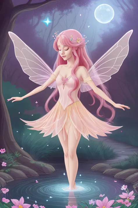 comic about Animation of a Fairy with wings and shiny dress, long pink hair and fire powers and mind reading in a Fairy planet, trees and flowers, water, smell sweet and fresh, magic animals, soft sound of the birds and songs
