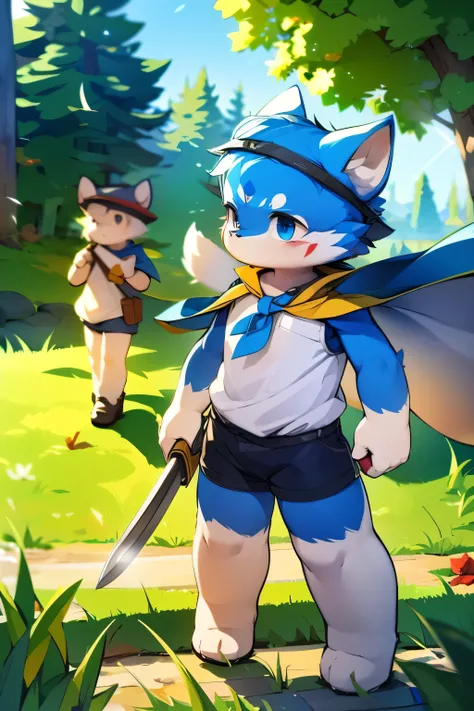 Blue canine ears，Soft eyes，Wearing a small cape，Snowfield background，Standing on the snow，Looking into the distance，Confused eyes，Red diamond mark on forehead，Right hand holding a machete，Dark blue eyes