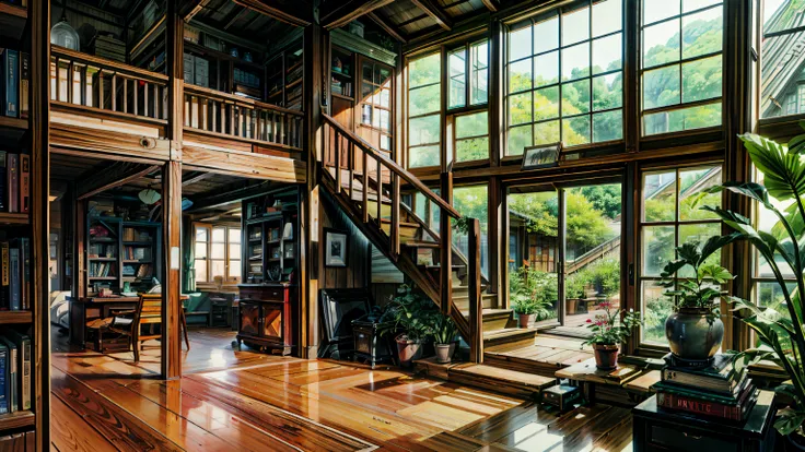 たくさんの本とFull of plants room, Overgrown library, Bookshelf, reading corner, Full of plants room, Floor-to-ceiling windows, Full of plants, overgrown with plants, Bookshelf, Huge pile of books, Bookshelf, cozy treehouse bedroom, picture of a loft in morning, ...