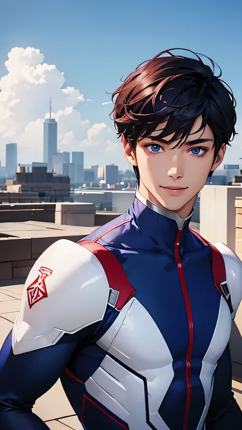 highest quality、Realistic、male、zoom、Cobalt blue eyes、maroon short hair、Hero Suit、Glossy white bodysuit、Blue accents、slender、Dark Skin、Rooftop、An inappropriate smile、Bust Shot、