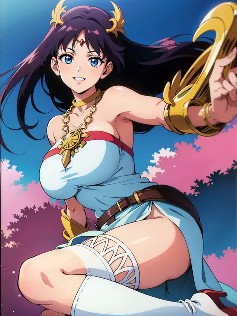 Armpit Show,1990s anime cel style, 1990s Manga Style, Highest quality, High resolution, One girl, (Huge breasts), Beautiful Face, smile, hmpa1, pink, Parted bangs, tiara, Large Breasts, necklace, Exposing shoulders, Strapless Dress, Arm guard, belt, White ...