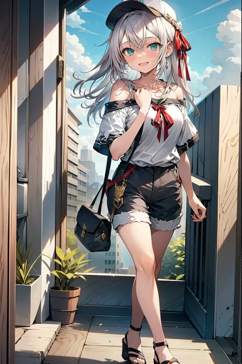 alisa mikhailovna kujo,hair between the eyes, aqua eye, gray hair, long hair, ribbon, hair ribbon, oversized one-shoulder shirt,...