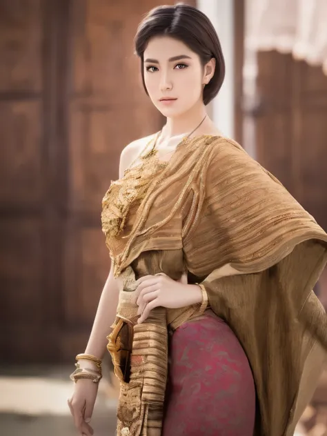 (RAW photo:1.2), (photorealistic:1.4),(masterpiece:1.3),(best quality:1.4),ultra high res,(detailed eyes),(detailed facial features),(detailed clothes features),HDR,8k resolution, solo focus,thai tradition dress,tradition shawl ,golden jewelry,1 girl ,faci...