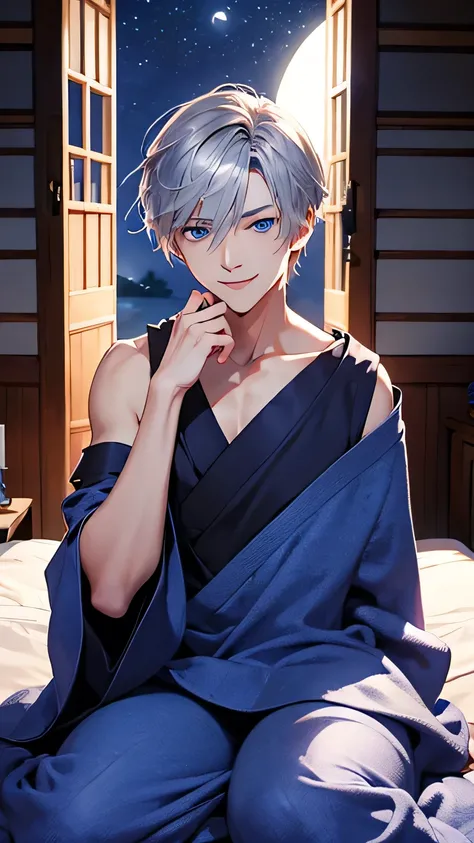 highest quality、Realistic、male、zoom、Cobalt blue eyes、maroon short hair、Silver lingerie、slender、Dark Skin、Japanese-style room、Summer blanket、Moonlit Night、An inappropriate smile、Bust Shot、