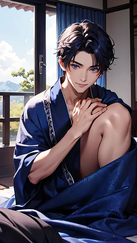 highest quality、Realistic、male、zoom、Cobalt blue eyes、maroon short hair、Silver lingerie、slender、Dark Skin、Japanese-style room、Summer blanket、Moonlit Night、An inappropriate smile、Bust Shot、