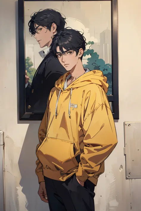 ((best quality)), ((master part)), (circunstanciado), face perfect, 1st grade, standing alone, Handsome, yellow hoodie, cabelos negros cacheados, Looking at Viewer, portraite, talking to the viewer, Fujimoto style