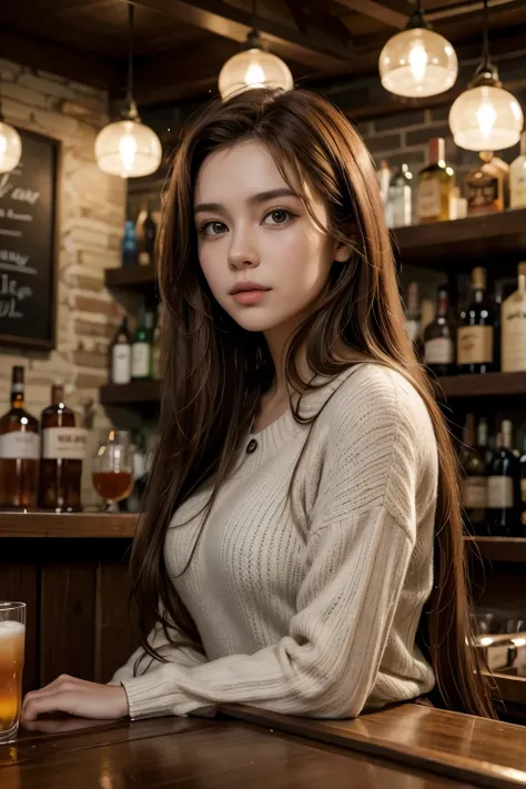 Woman with long brown hair in a bar 