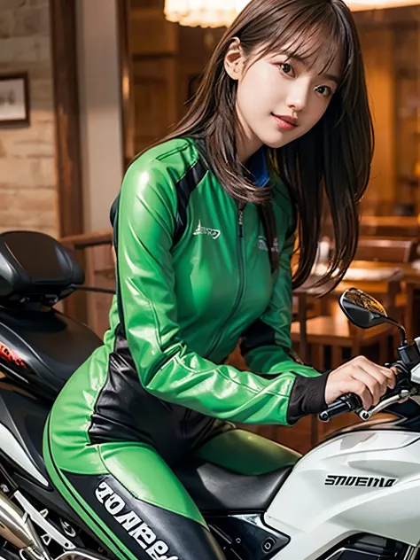 smile、elegant woman、riding a motorcycle on the road、long sleeves and pants、green racing leather suit