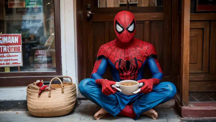 Spiderman, wearing a kerala mundu(dhoti), drinking chai, from a chai shop in kerala