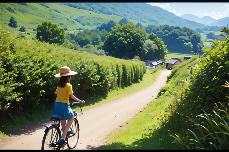 a small girl in a straw hat pulling a bicycle, yellow t-shirt, blue skirt, on a hill, small village and stream in the distance, detailed anime style, masterpiece, high quality, art