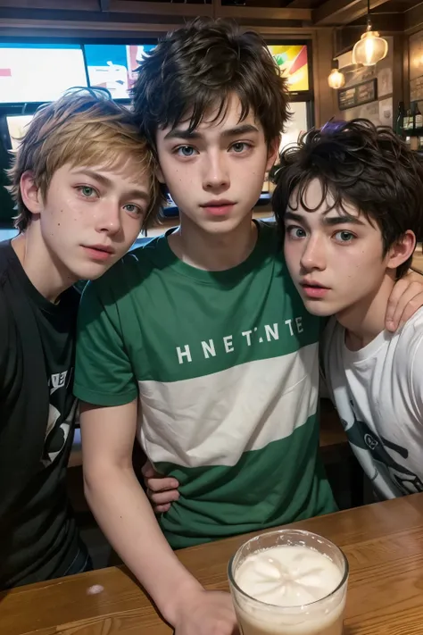 17 year old boy with freckles and big green eyes selfie drunk at a bar with two guys anime style