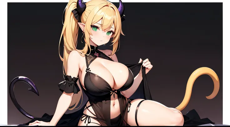 1 girl, game CG, see-through black dress, cleavage visible, navel visible, black panties, devils tail, devils horns, hair scrunchie, gigantic breasts, blonde, middle hair, side ponytail, green eyes, Halloween background,