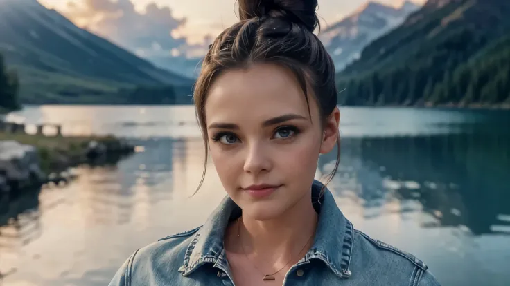 melissa sue anderson, 30 years old, denim jacket, leather skirt, bun hairstyle, another world in the sky, hands behind the back, lake background, shooting star, watching the camera, closeup, close-up, wave a goodbye