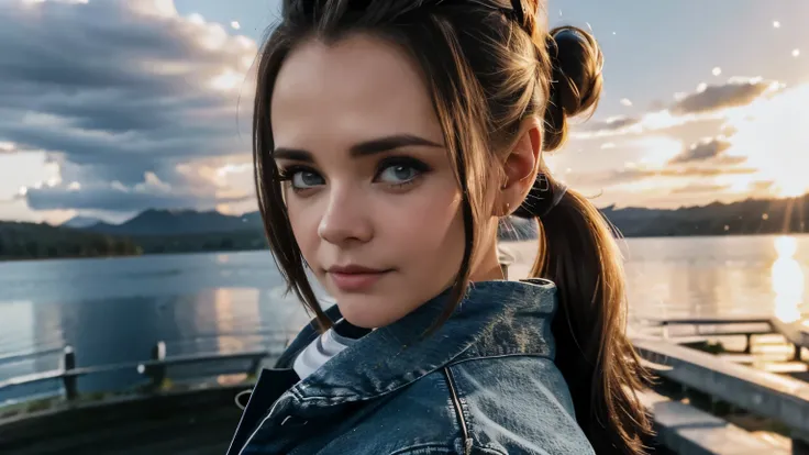 melissa sue anderson, 30 years old, denim jacket, leather skirt, bun hairstyle, another world in the sky, hands behind the back, lake background, shooting star, watching the camera, closeup, close-up, 