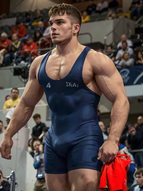 (1boy, photorealistic:1.4, ultra realistic, masterpiece:1.2, best quality, 4k), young olympic male athlete wearing tight wrestling singlet, male wrestler in blue wrestling suit, slim athletic body build, large bulge, the crowd cheers, detailed faces, ultra...