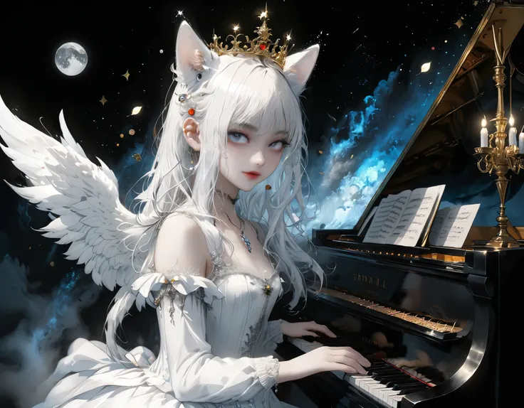 ((best quality)), ((masterpiece)), (detailed), 1girl, magicの杖、chandelier、cute、、Young girl、beautiful、whole body、Gray Hair、White cat ears、beautiful青い目、White Crown、白いgem、piano、White Vampire Wings、Black Moon、Lots of blue light、universe、Fantasy，gem、magic,Black ...