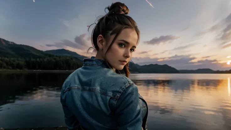 melissa sue anderson, 30 years old, denim jacket, leather skirt, bun hairstyle, another world in the sky, hands behind the back, lake background, shooting star, watching the camera, closeup, close-up, iridescent clouds, sunset