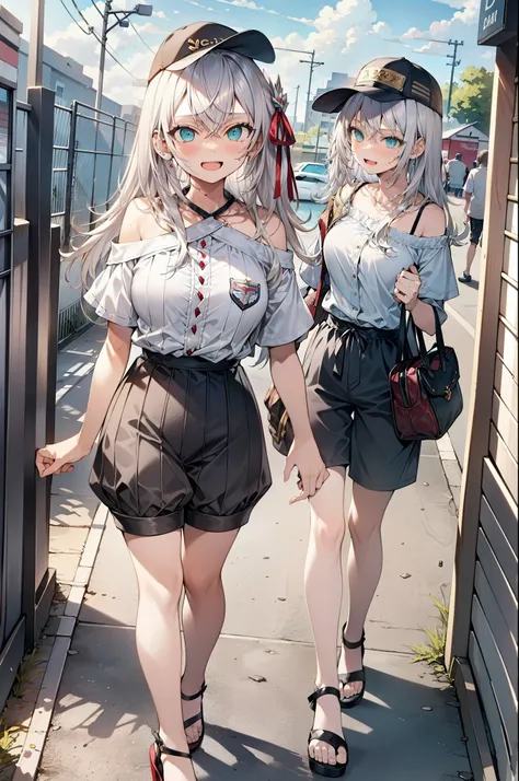 Alisa Mikhailovna Kujo,One Girl,Hair between the eyes, Aqua Eye, Gray Hair, Long Hair, ribbon, hair ribbon, Oversized one-shoulder shirt,Short sleeve,Shorts,Heeled Sandals,Baseball hats,walk,happy smile, smile, Open your mouth,whole bodyがイラストに入るように,Daytim...