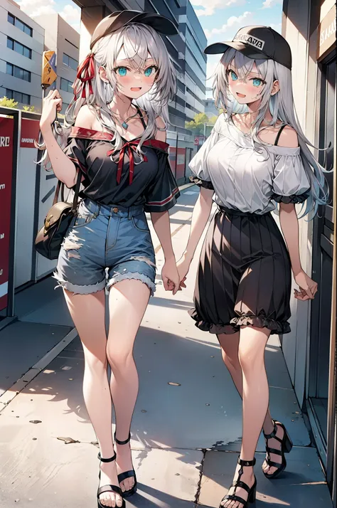 Alisa Mikhailovna Kujo,One Girl,Hair between the eyes, Aqua Eye, Gray Hair, Long Hair, ribbon, hair ribbon, Oversized one-shoulder shirt,Short sleeve,Shorts,Heeled Sandals,Baseball hats,walk,happy smile, smile, Open your mouth,whole bodyがイラストに入るように,Daytim...