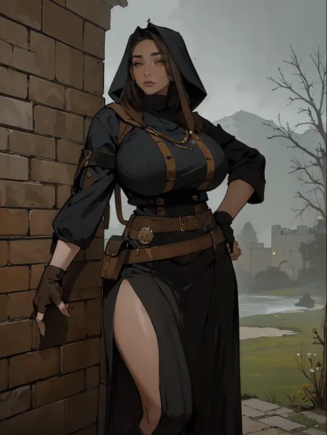 Gorgeous and sultry busty athletic (thin) brunette assassin with sharp facial features wearing a wide hood, black medieval tunic, long sleeves, skirts, trousers, boots, fingerless gloves, crown, modest attire, utility belt, (arm wraps), Middle Ages, castle...