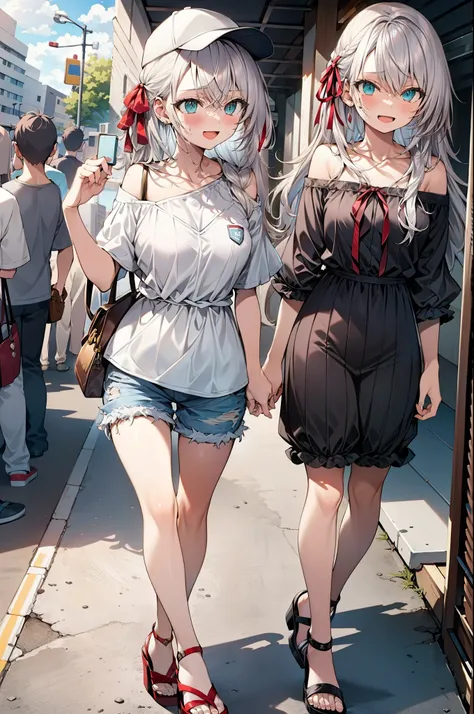 Alisa Mikhailovna Kujo,One Girl,Hair between the eyes, Aqua Eye, Gray Hair, Long Hair, ribbon, hair ribbon, Oversized one-shoulder shirt,Short sleeve,Shorts,Heeled Sandals,Baseball hats,walk,happy smile, smile, Open your mouth,whole bodyがイラストに入るように,Daytim...