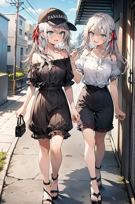 Alisa Mikhailovna Kujo,One Girl,Hair between the eyes, Aqua Eye, Gray Hair, Long Hair, ribbon, hair ribbon, Oversized one-shoulder shirt,Short sleeve,Shorts,Heeled Sandals,Baseball hats,walk,happy smile, smile, Open your mouth,whole bodyがイラストに入るように,Daytim...