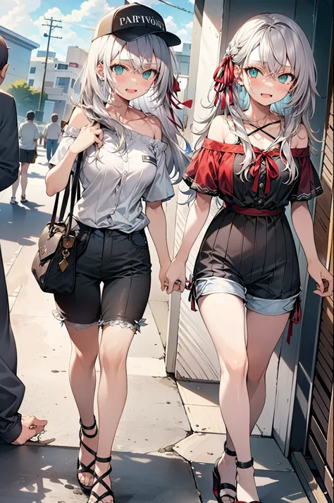 Alisa Mikhailovna Kujo,Hair between the eyes, Aqua Eye, Gray Hair, Long Hair, ribbon, hair ribbon, Oversized one-shoulder shirt,Short sleeve,Shorts,Heeled Sandals,Baseball cap,walk,happy smile, smile, Open your mouth,whole bodyがイラストに入るように,Daytime,sunny,
b...