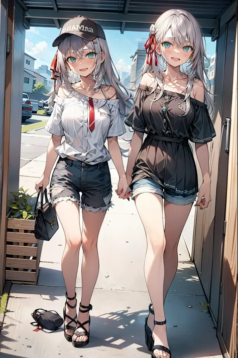 Alisa Mikhailovna Kujo,Hair between the eyes, Aqua Eye, Gray Hair, Long Hair, ribbon, hair ribbon, Oversized one-shoulder shirt,Short sleeve,Shorts,Heeled Sandals,Baseball cap,walk,happy smile, smile, Open your mouth,whole bodyがイラストに入るように,Daytime,sunny,
b...